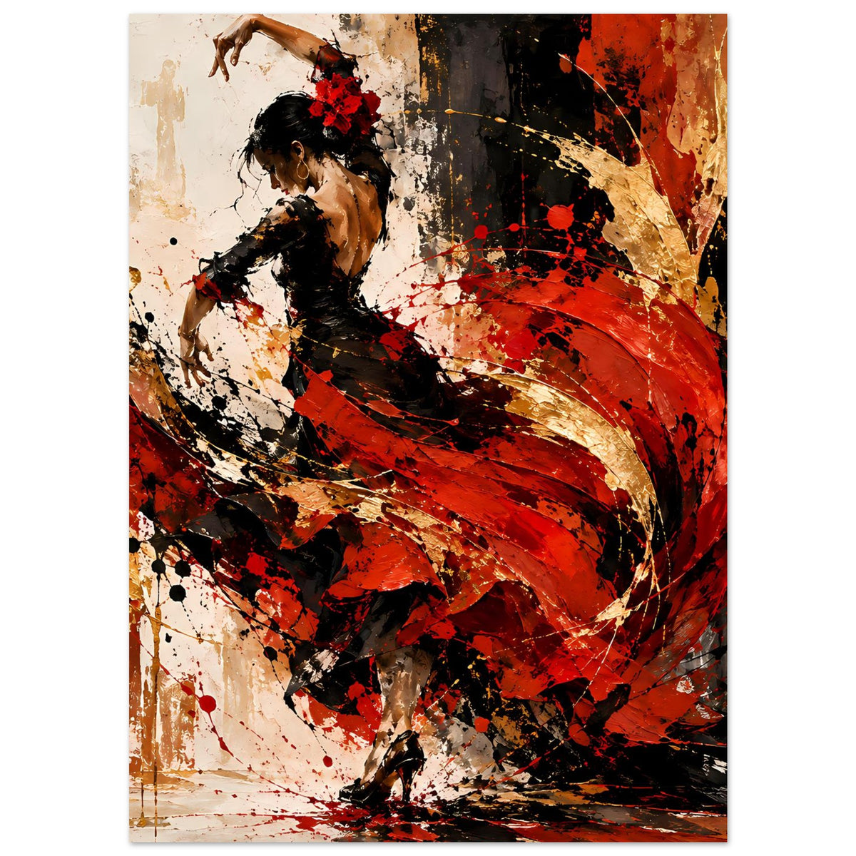 Poster mit Flamenco-Tänzerin, abstrakte Farbflächen in Rot, Schwarz und beigen Spritzern