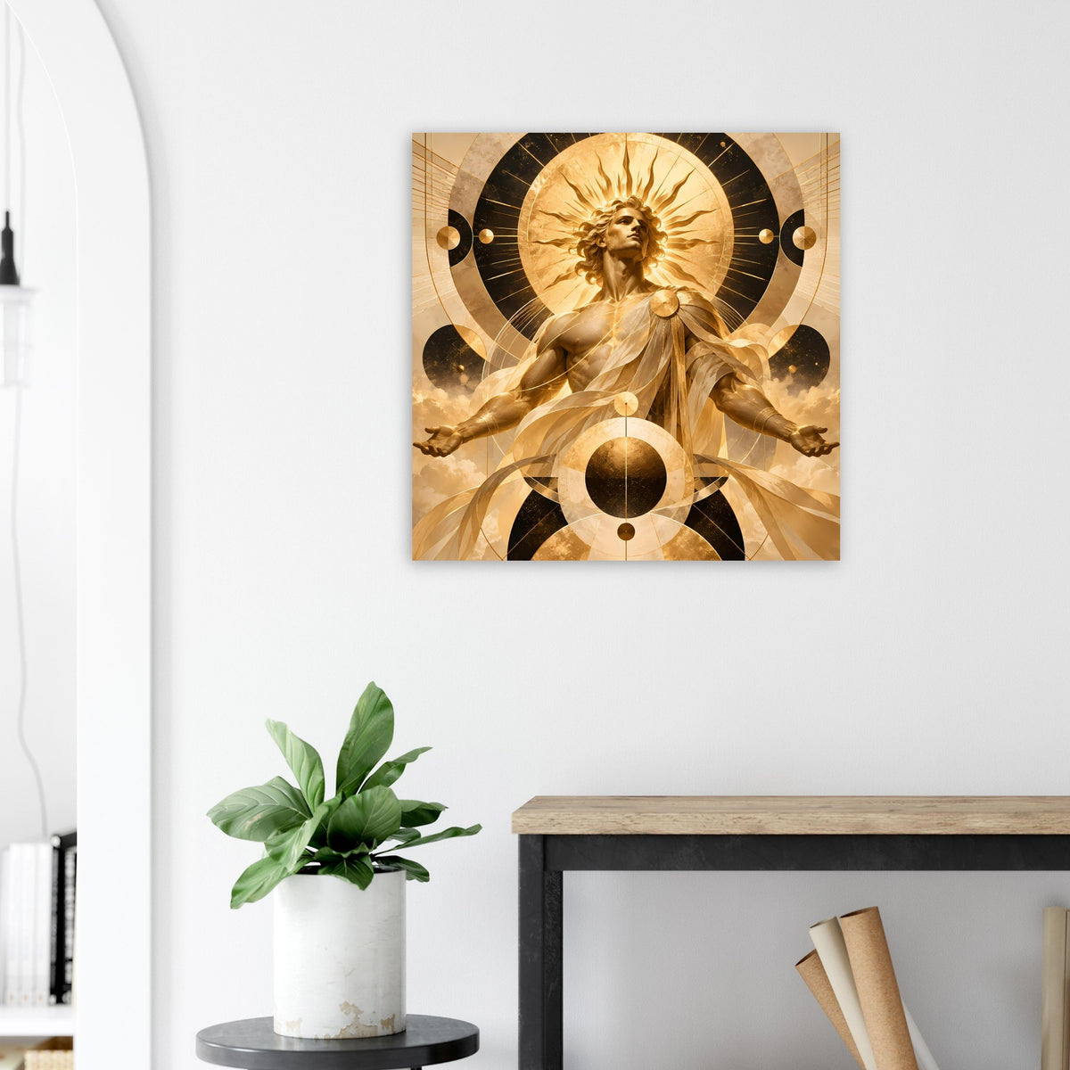 Quadratisches Poster mit goldener Engelsilhouette, schwarzen Kreisen und leuchtendem Zentrum