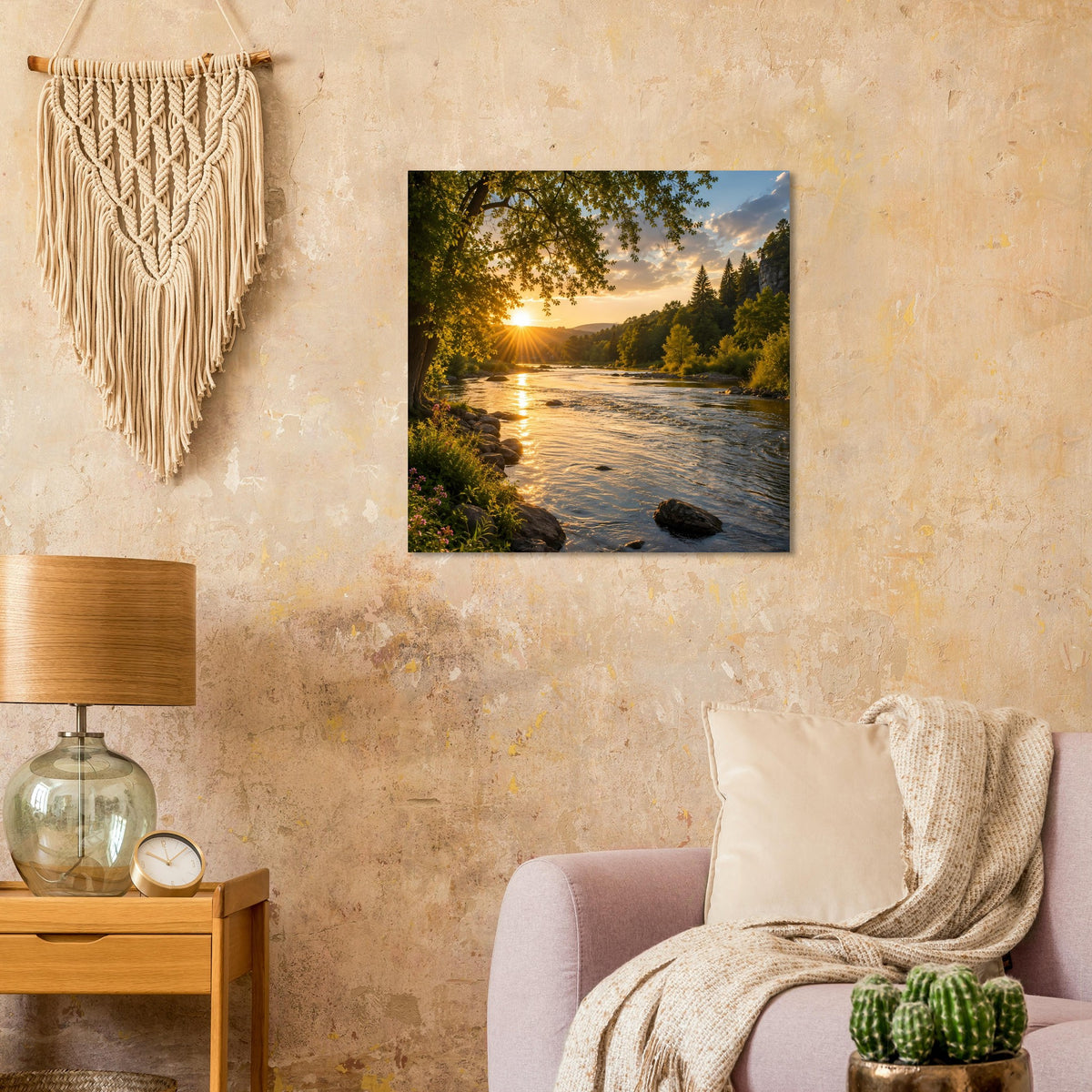 Gerahmtes Poster: Fluss mit Sonnenuntergang, Uferbäume und Sonnenreflexen auf dem Wasser