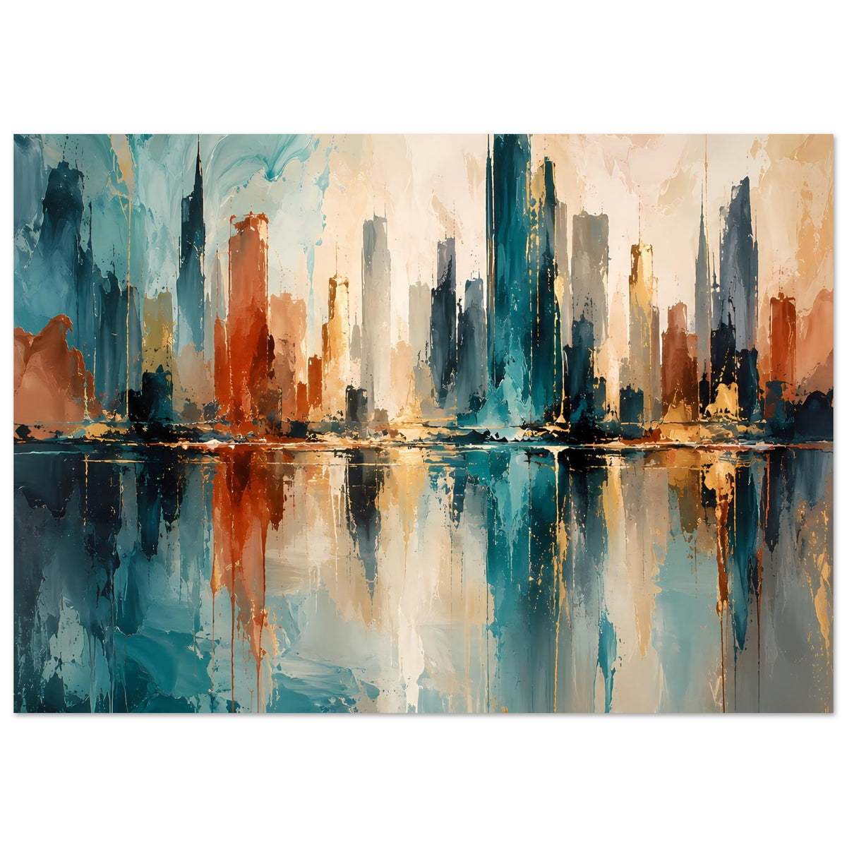 Stadt-Skyline-Poster mit Reflexion, breite Farbflächen in Blau, Gold und Rost