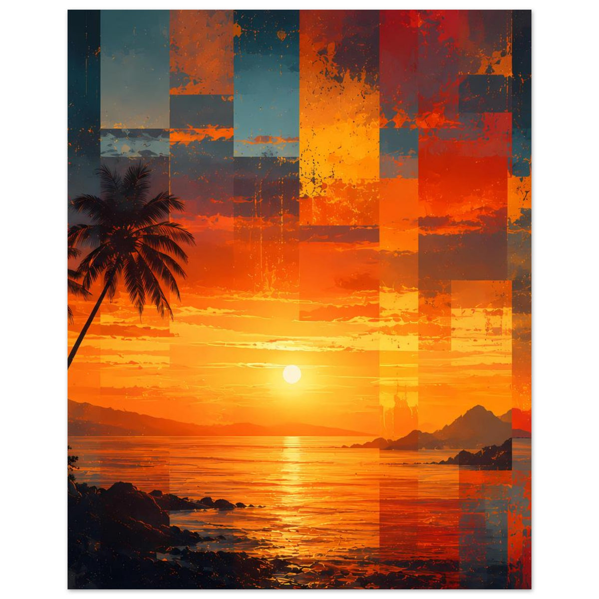 Vertikales Poster: tropischer Sonnenuntergang, Palme links, Meer und Sonne im Patchwork