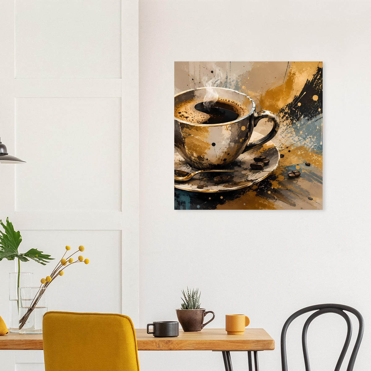Kunstposter: Kaffeetasse auf Untertasse, Dampf und Farbspritzer, abstraktes Design