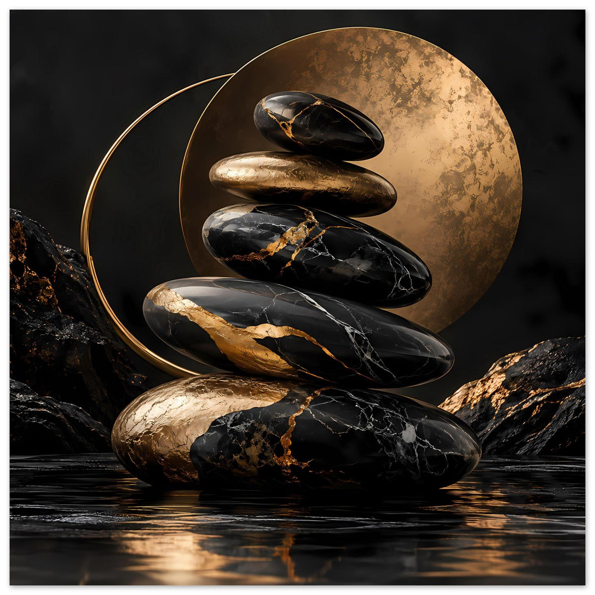 Hochformat-Poster mit Stapel Zen-Steine aus Marmor, schwarz-goldenes Kreisdesign