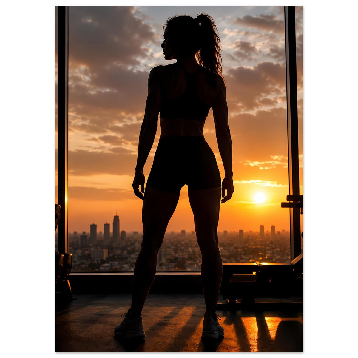 Vertikales Fitness-Poster mit dunkler Silhouette einer Sportlerin in Shorts und Top.