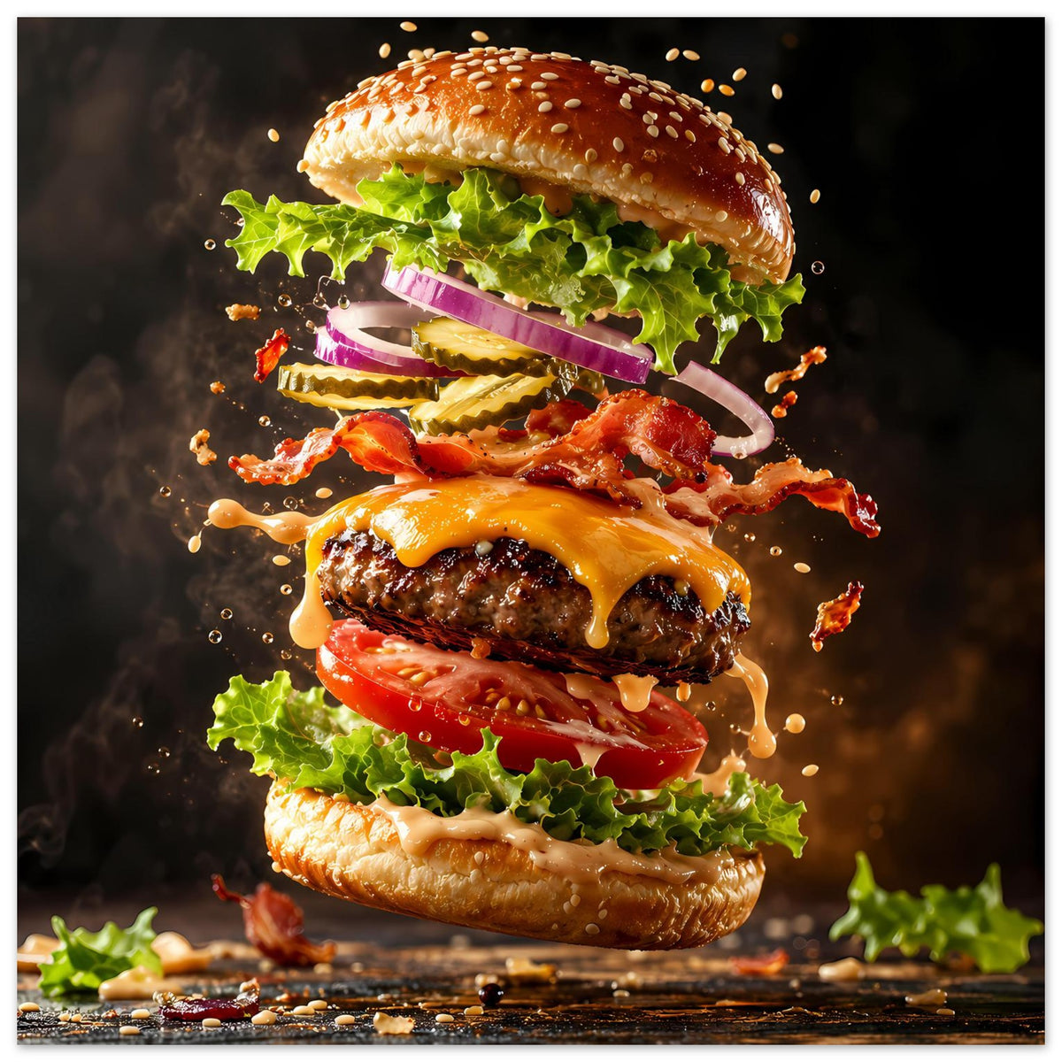 Poster mit Burger-Illustration: großes Burger-Stack mit Käse, Salat und flüssigen Spritzern.
