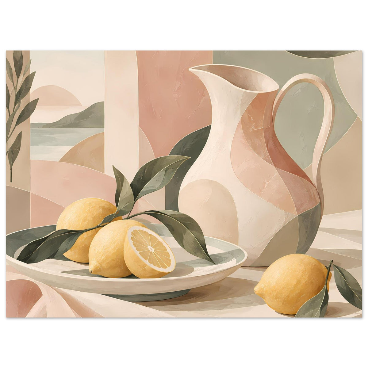 Mediterranes Still-Life-Poster mit weißem Krug, Zitronen auf Teller und grünen Blättern