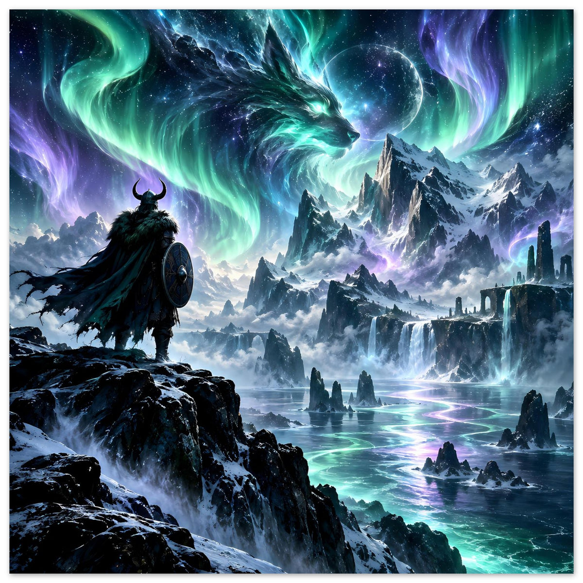 Fantasy-Poster: Umhang-Krieger blickt zur Drachenerscheinung über blaugrüner Wasserlandschaft