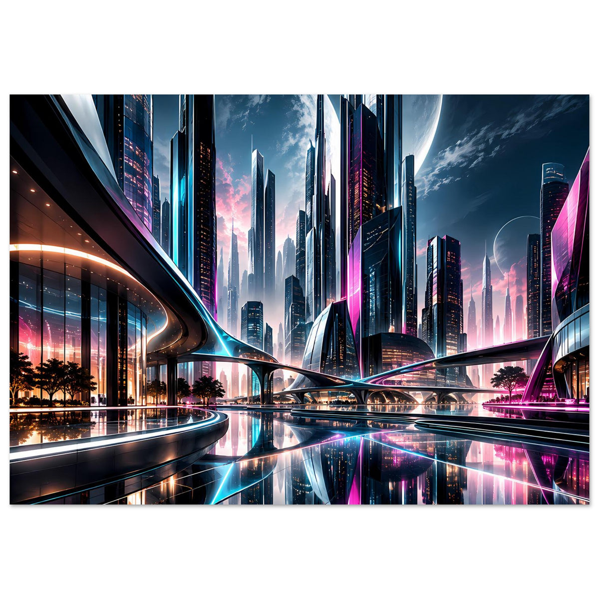 Poster: Neon-Stadt-Skyline mit Lichtrampen und spiegelnder Straße, Querformat