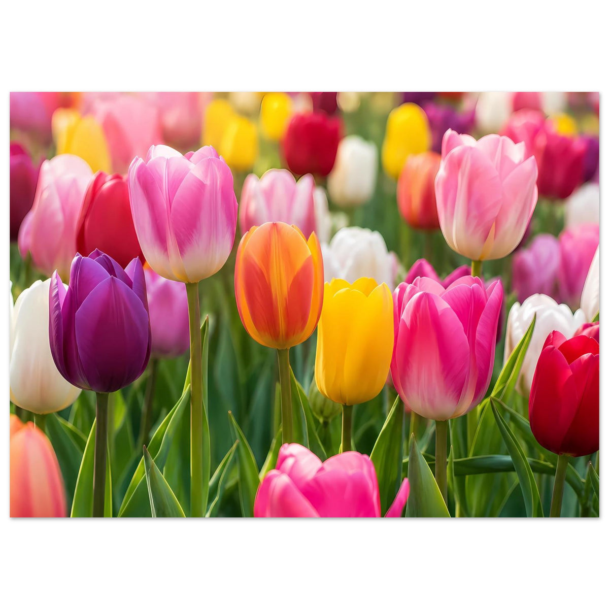 Tulpen-Gartenposter im Querformat, Vielzahl bunter Tulpenblüten, grüne Stiele