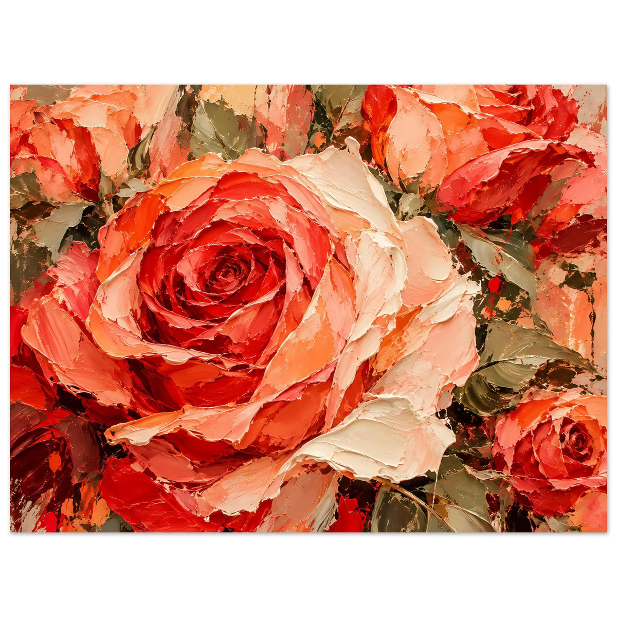 Blumenposter mit Rosenblüten in warmen Rot- und Orangetönen, florale Detailansicht