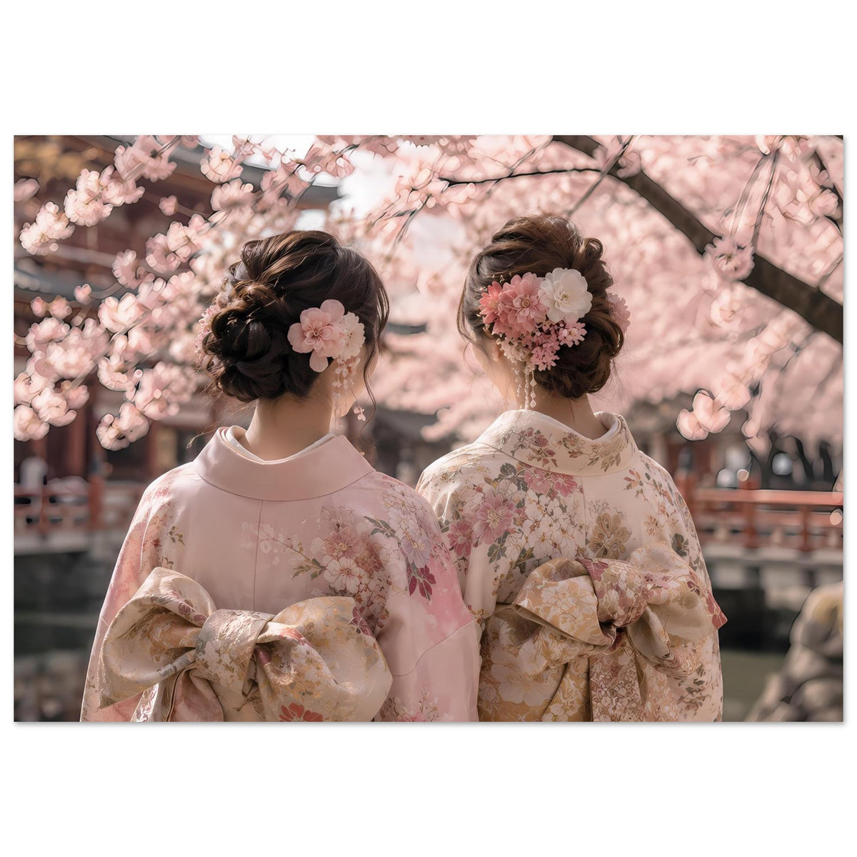 Poster: zwei Personen in Pastell-Kimonos unter Kirschblüten, Rückenansicht