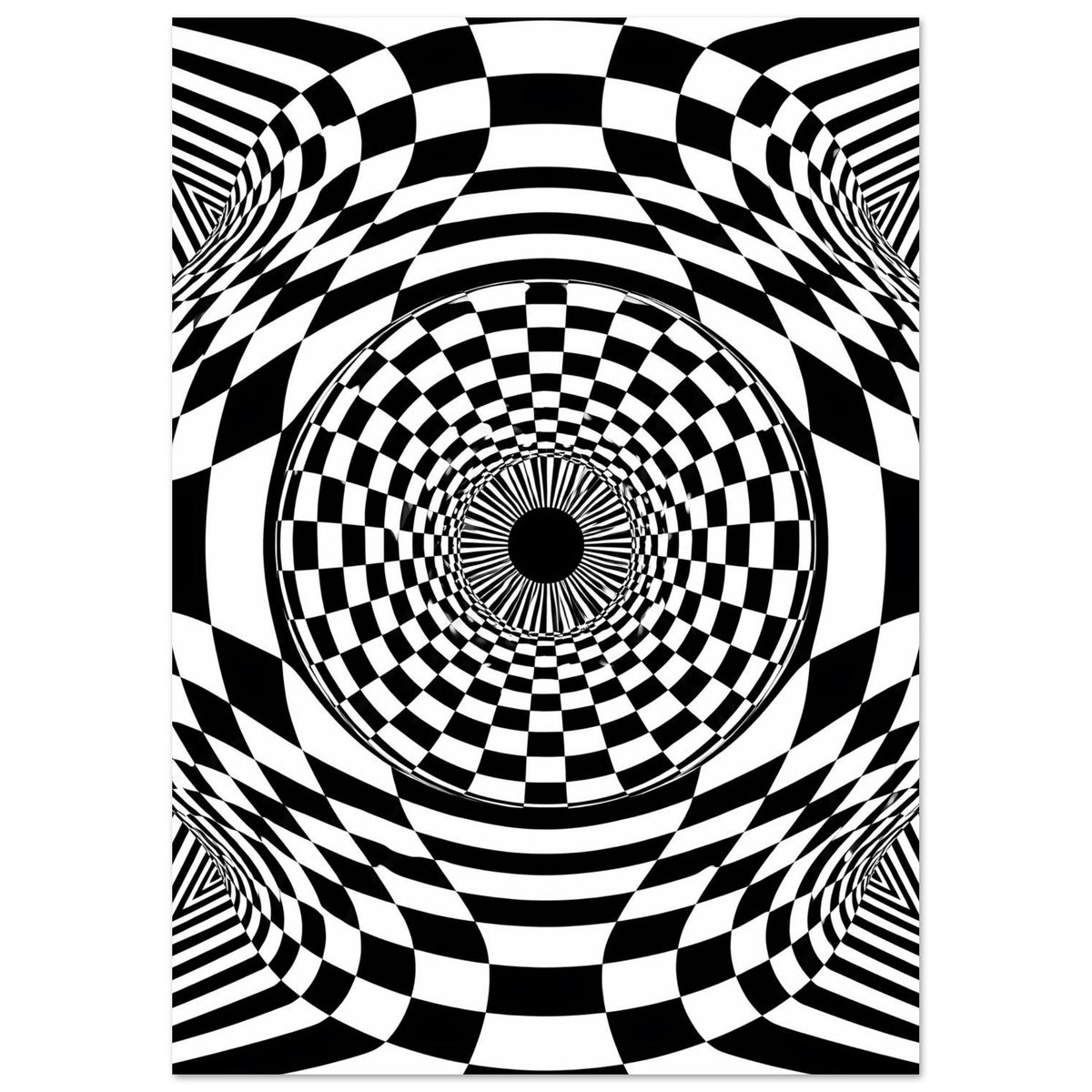 Vertikales Poster mit Schwarz-Weiß-Schachbrettkreis und konzentrischen Optik-Linien