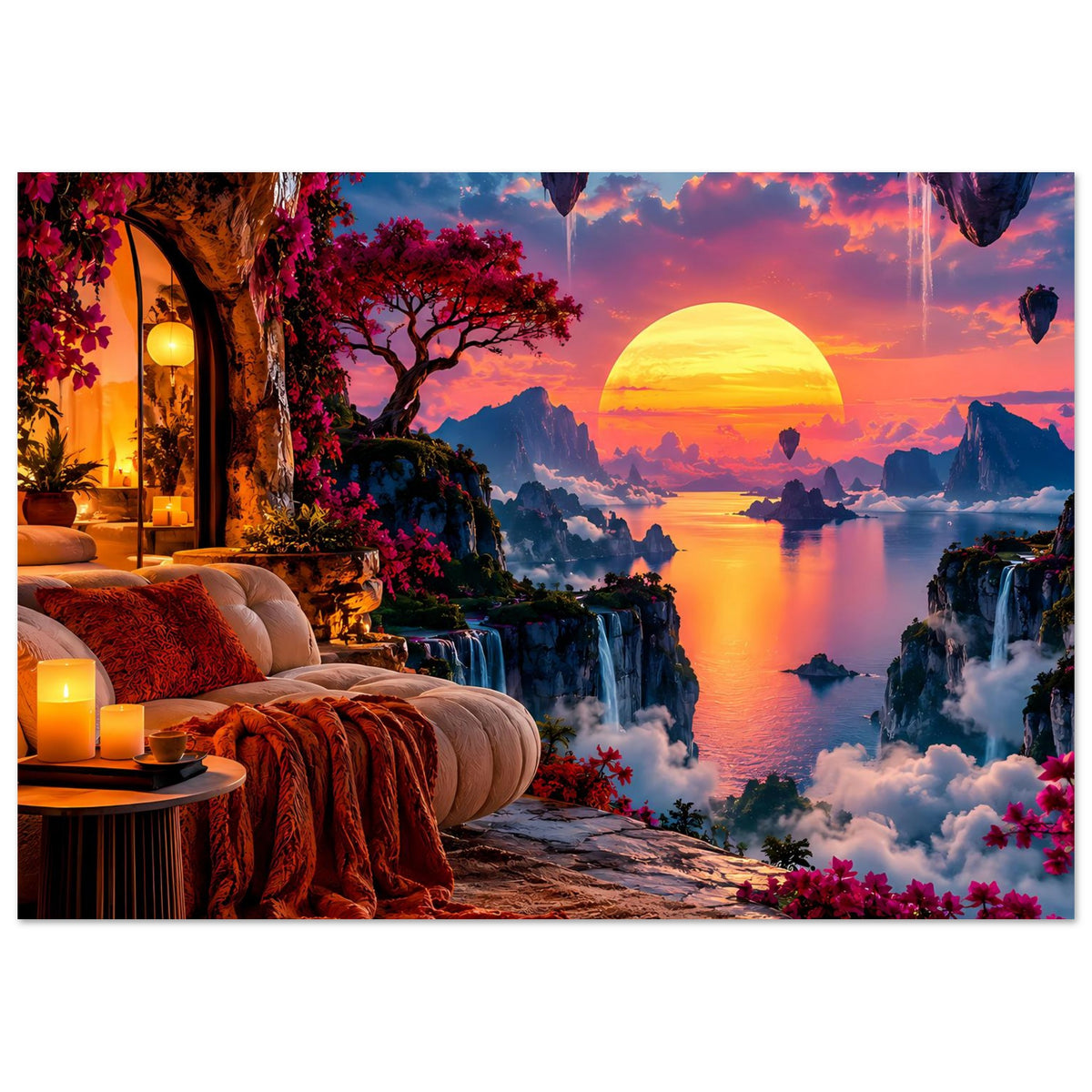 Landschaftsposter mit goldener Sonne über Fluss, Wasserfällen, Ballons und rosa Blüten