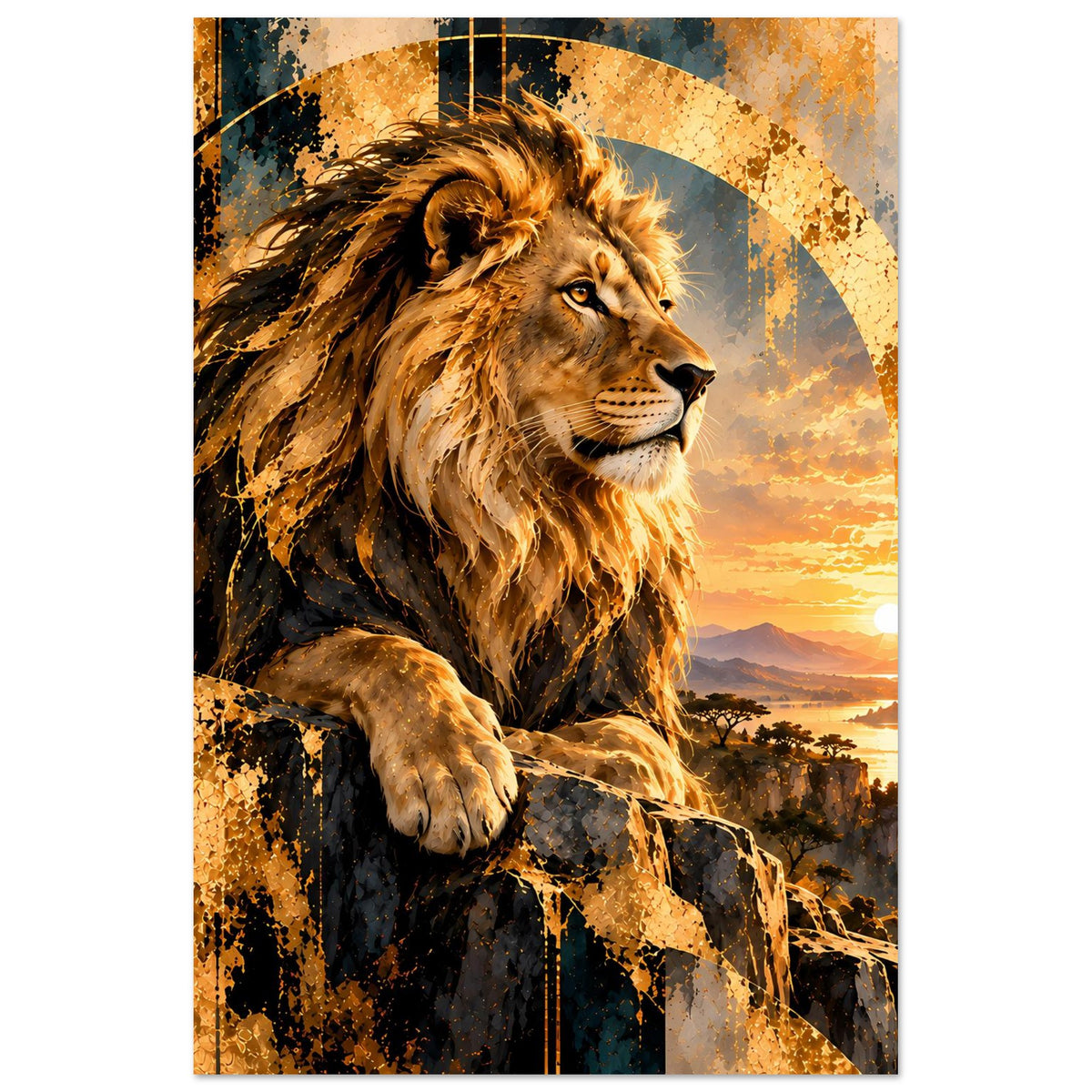 Löwen-Poster im Hochformat: Löwe auf Felsen, goldene Lichtstimmung bei Sonnenuntergang