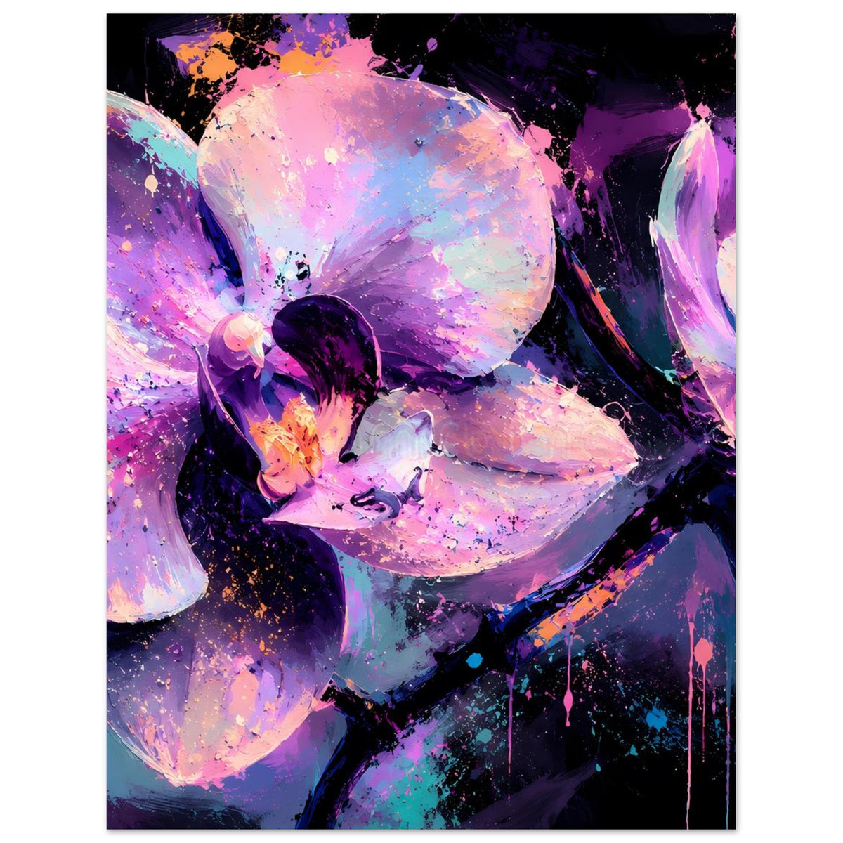 Neonkunst-Poster (Hochformat) mit abstrakten Orchideen in Violett und Pink, leuchtende Formen
