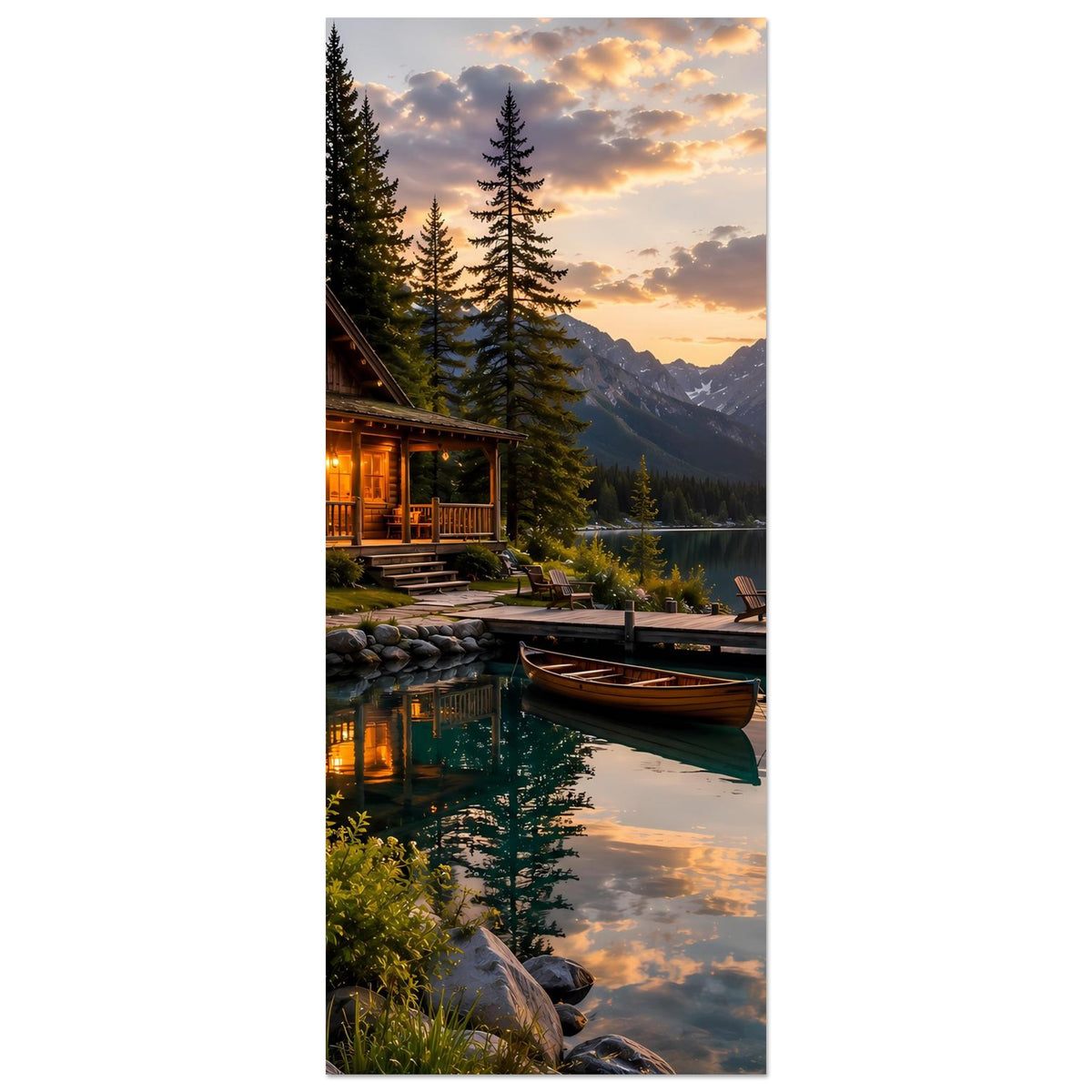 Hochformat-Poster mit Holzhaus am Seeufer, Boot am Steg und Bergpanorama.