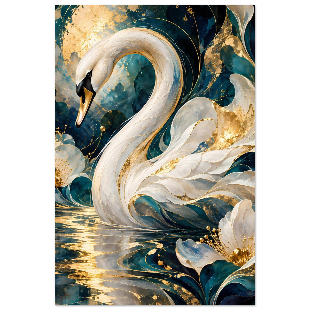 Hochformat-Poster mit weißem Schwan, türkisblauen Ornamentwellen und goldenen Farbspritzern