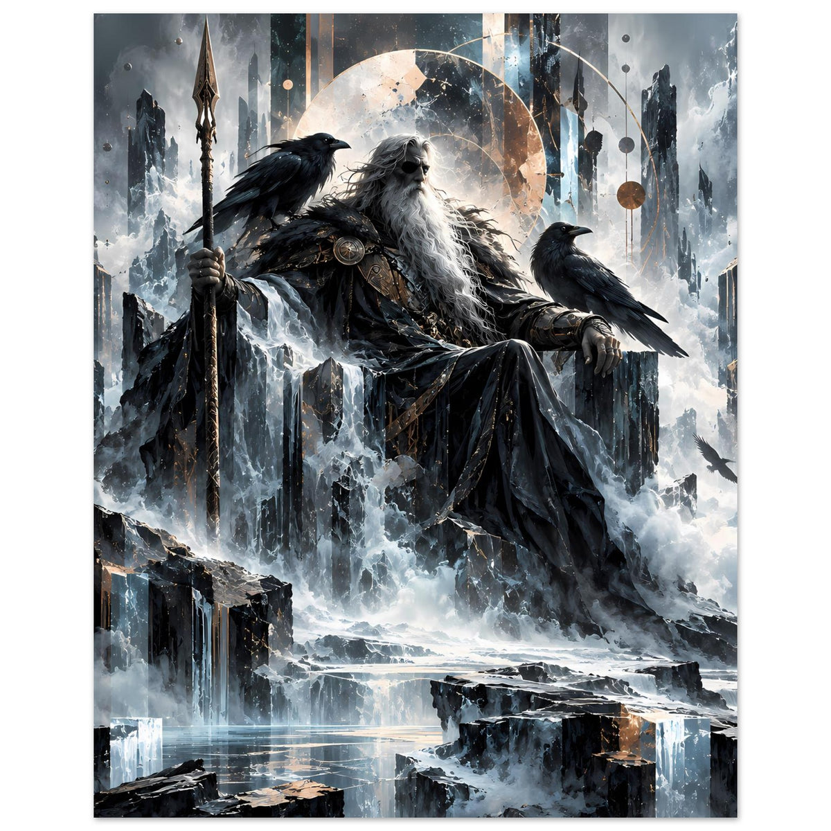 Mythologie-Poster, nordischer Gott thront mit zwei Raben auf dunkler Steinplattform