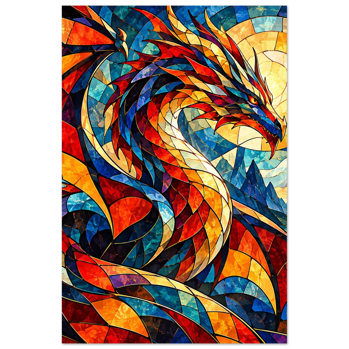 Drachen-Glasmalerei-Poster im Hochformat: Flügel und Schwanz des Drachen, bunt