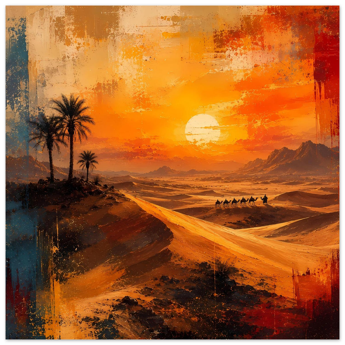 Querformat-Poster mit Palmen links, goldenen Dünen, großer Sonne und Karawane