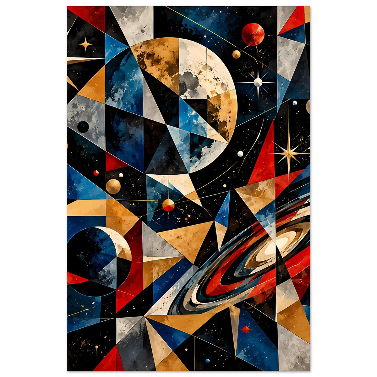 Hochformat-Poster mit kosmischen Dreiecken, Planetenscheibe, Ring und Sternen in Blau, Rot, Gold