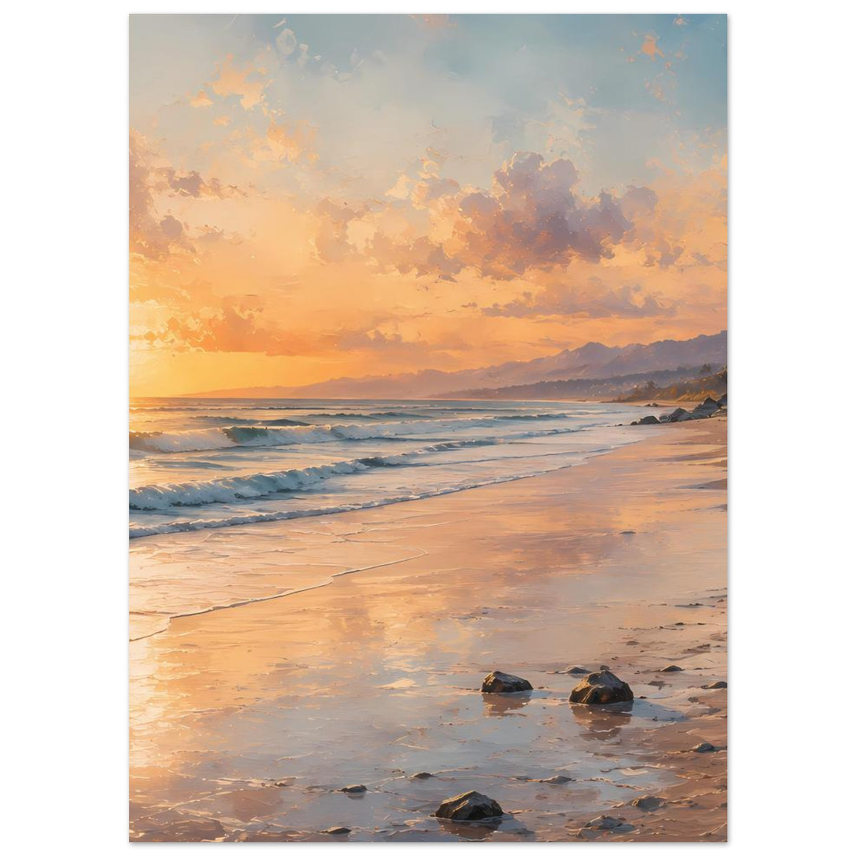 Strandposter auf mattem Papier, vertikal: Küste mit Wellen, Steinen und warmem Himmel.