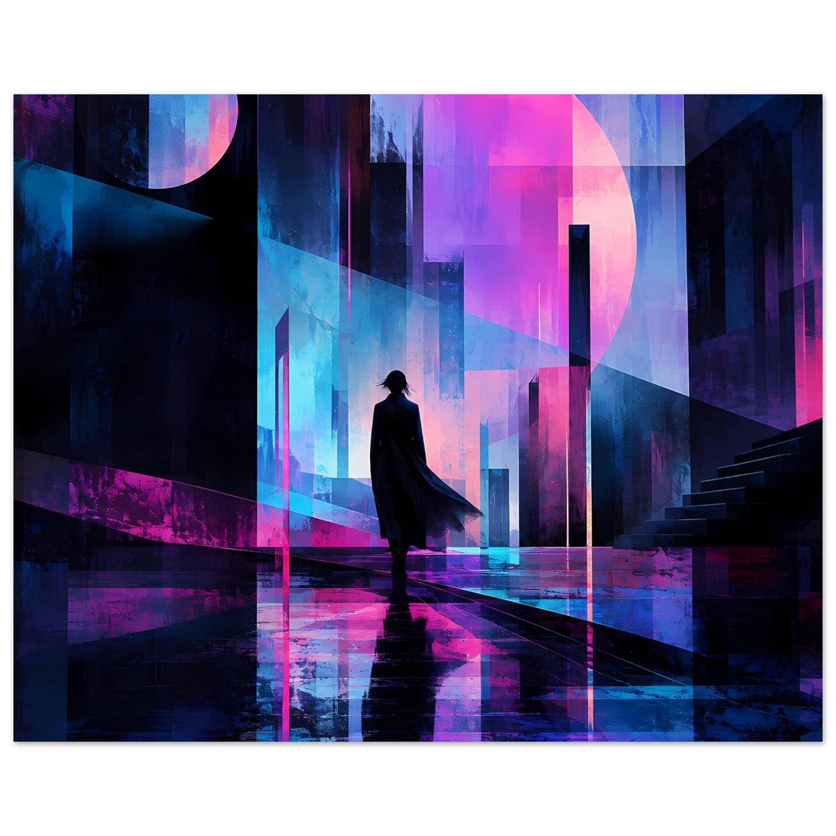 Neon-Nachtlandschaft-Poster (querformat) mit Silhouette und violettem Neonbogen