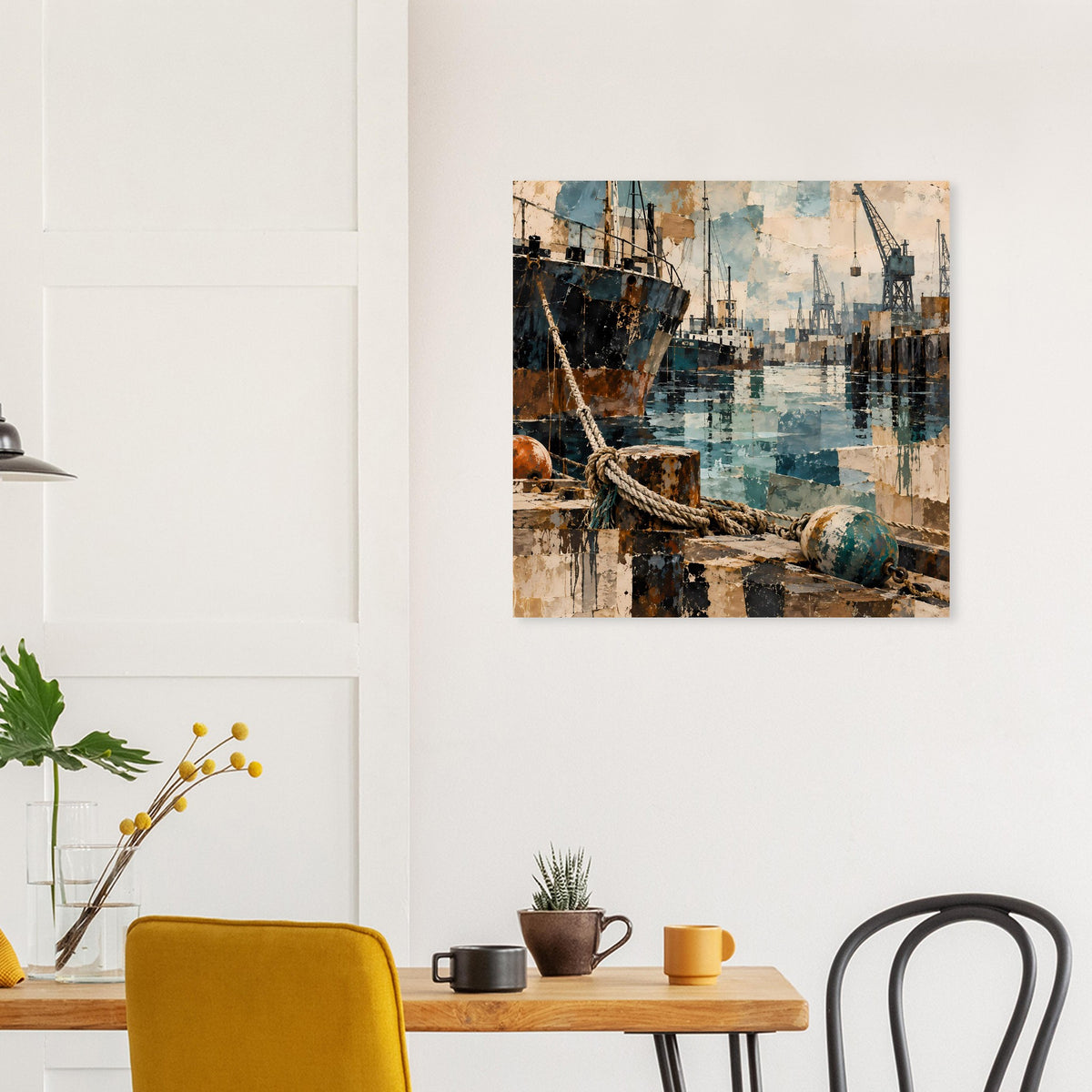 Poster im Rahmen mit Hafenkränen und Schiff, Seil am Kai, pastellige Blau- und Orangetöne