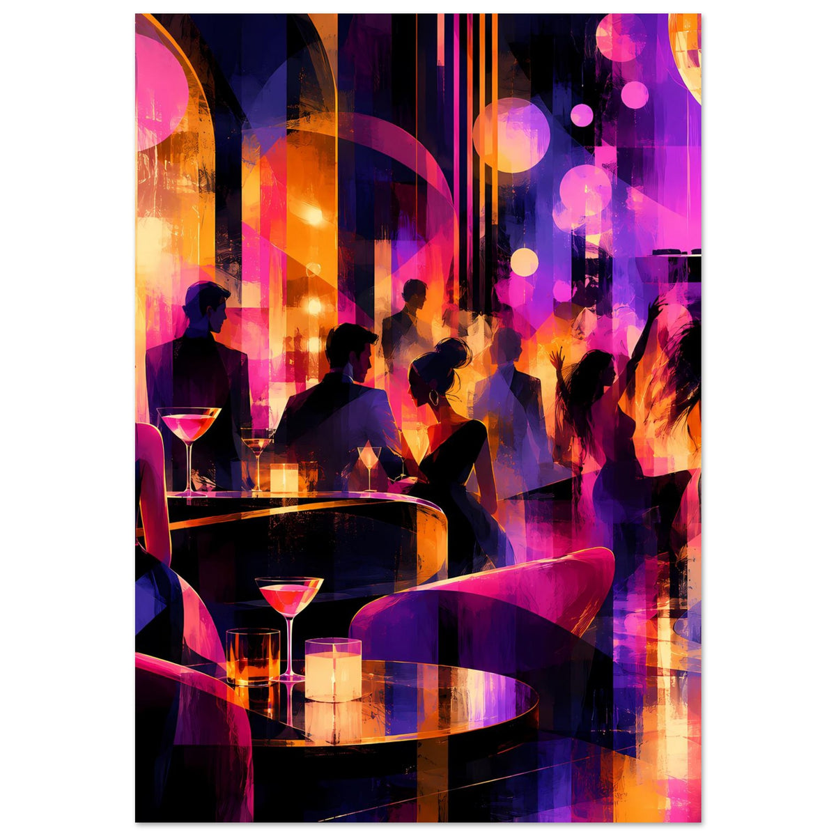 Nachtleben-Poster: abstrakte Party-Szene mit Silhouetten, Barhocker und Kerzenlicht