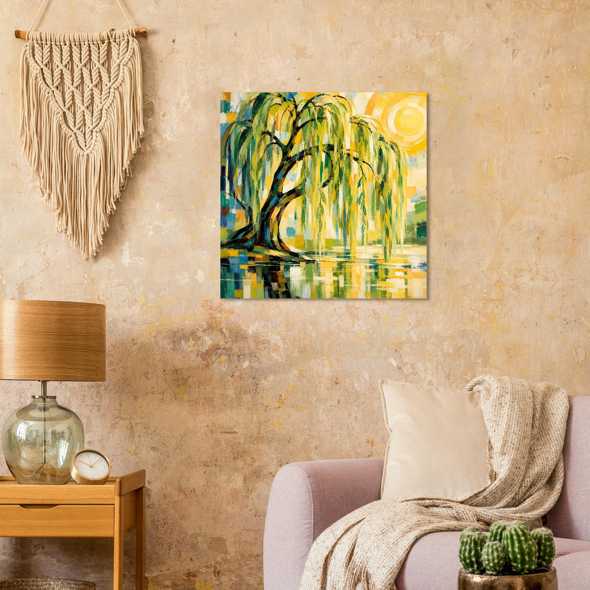 Wandposter mit Weidenbaum und Wasserfläche, kräftige Grüntöne, gelbe Sonne, quadratisches Bild