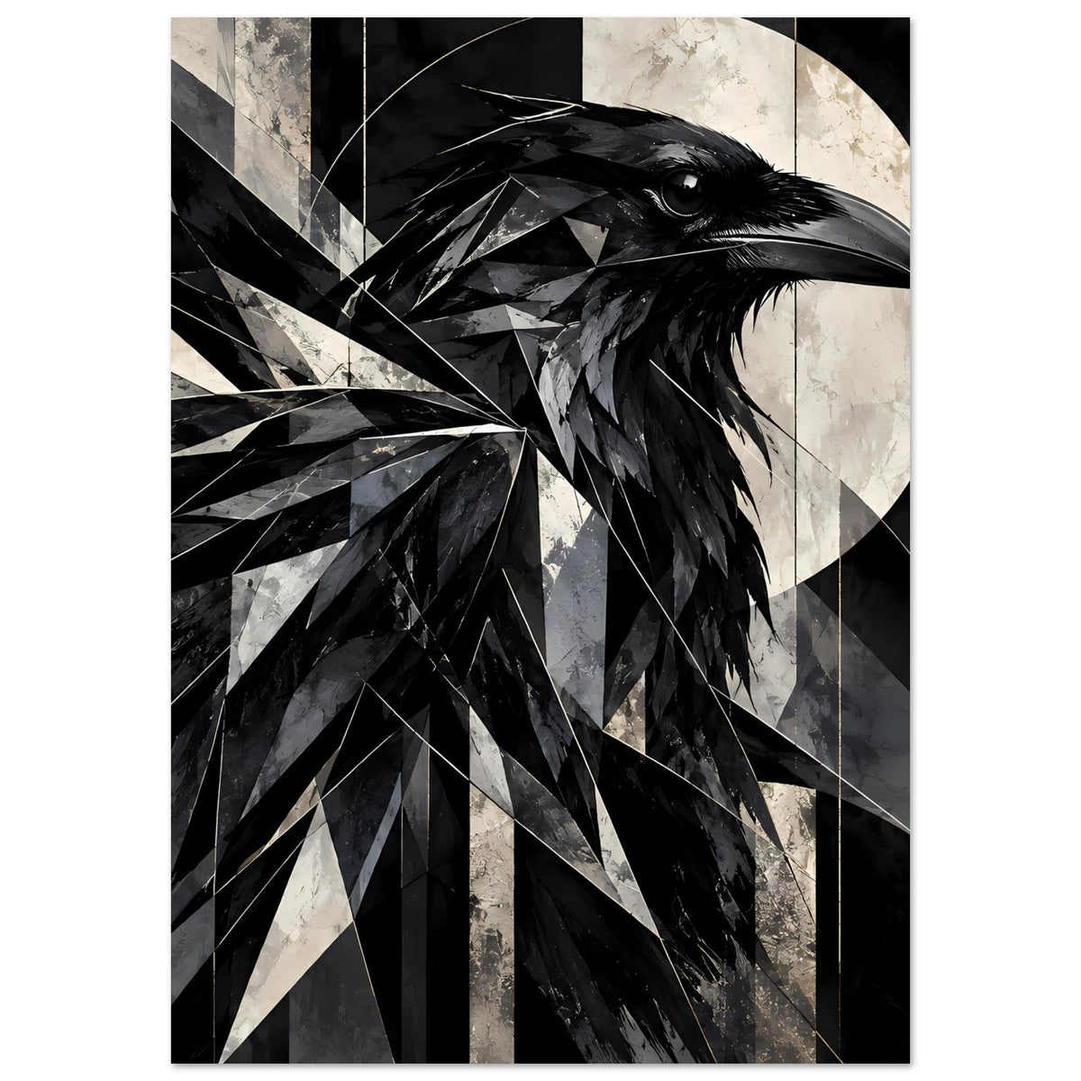 Kunstposter mit geometrischem Raben, kräftige schwarze Konturen, weiß-graue Dreiecksflächen
