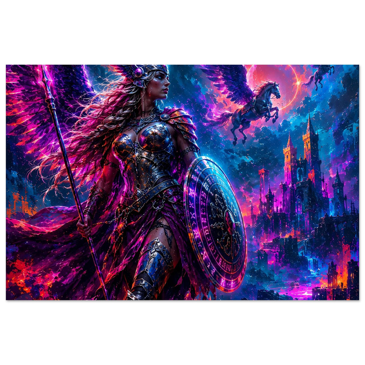 Fantasy-Poster: Valkyrie in dunkler Rüstung mit Speer und ovalem Schild vor Stadtlichtern