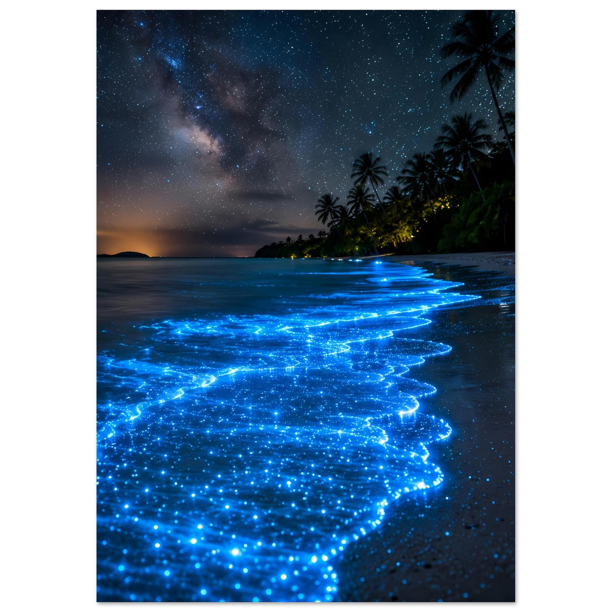Meeresposter (vertikal): blaue Biolumineszenz-Wellen am Strand bei Nacht