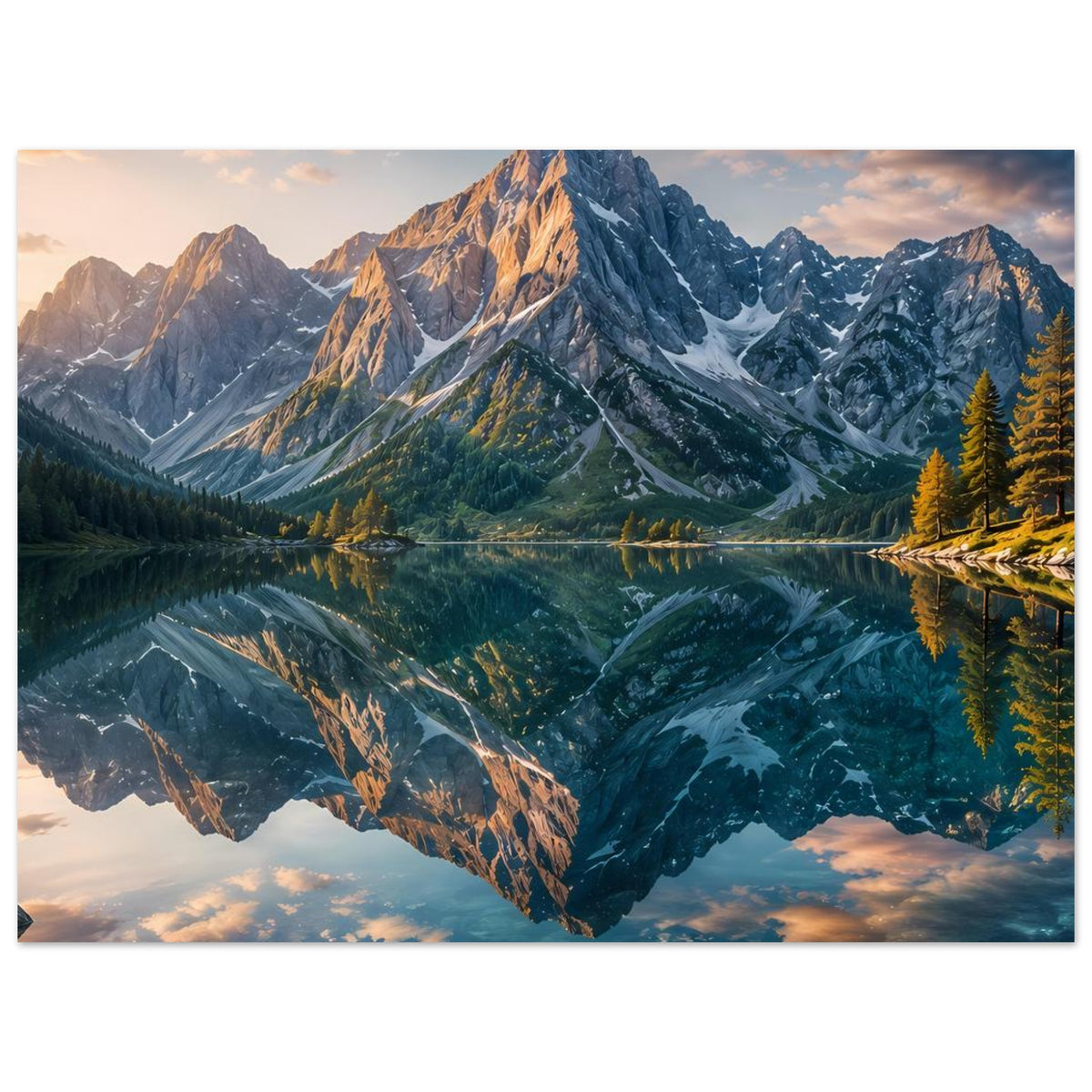 Landschafts-Poster mit Alpenbergen, spiegelndem See und Tannenwald, horizontal