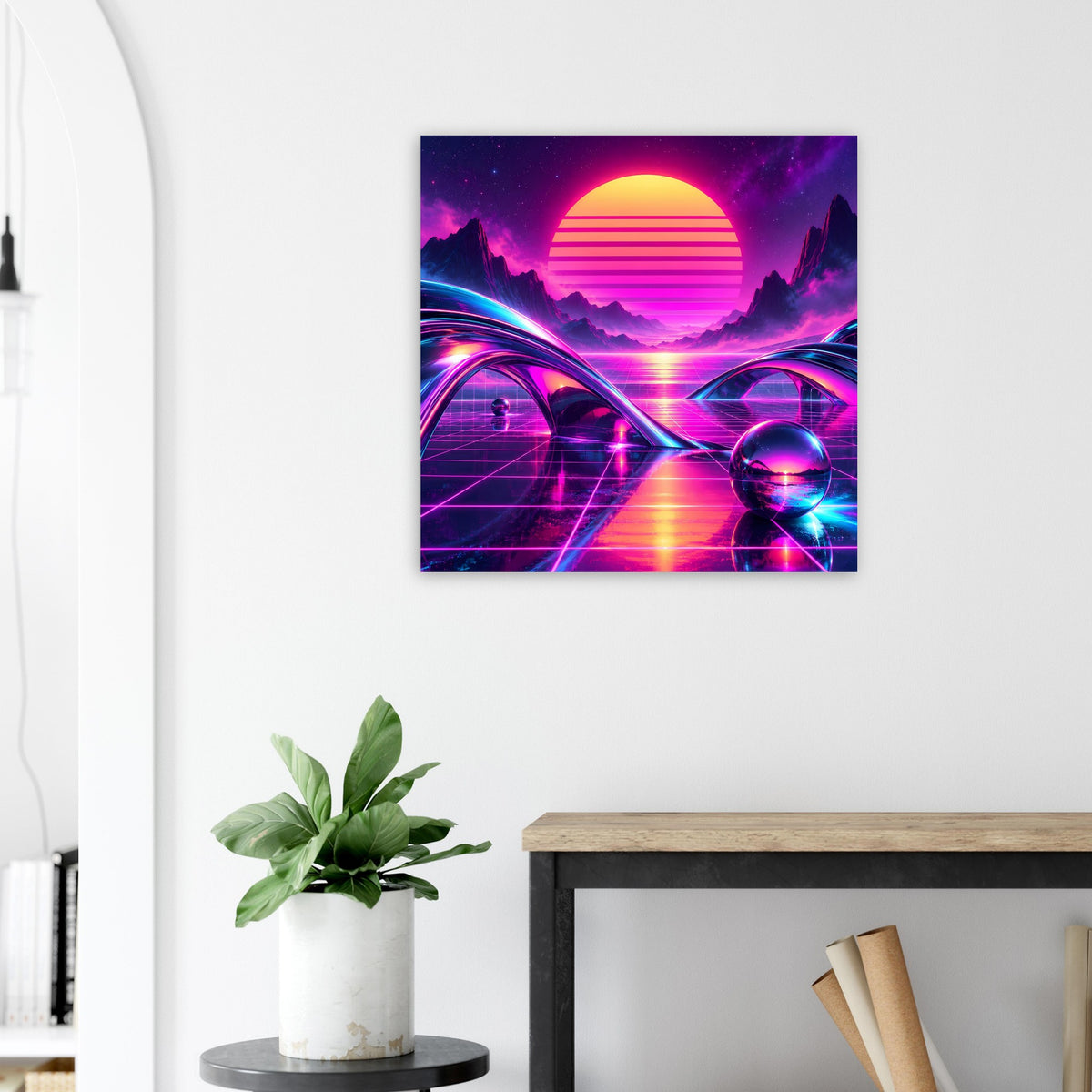 Quadratisches Retro-Science-Fiction-Poster mit Neon-Sonnenuntergang, Bögen und Astronautenfigur