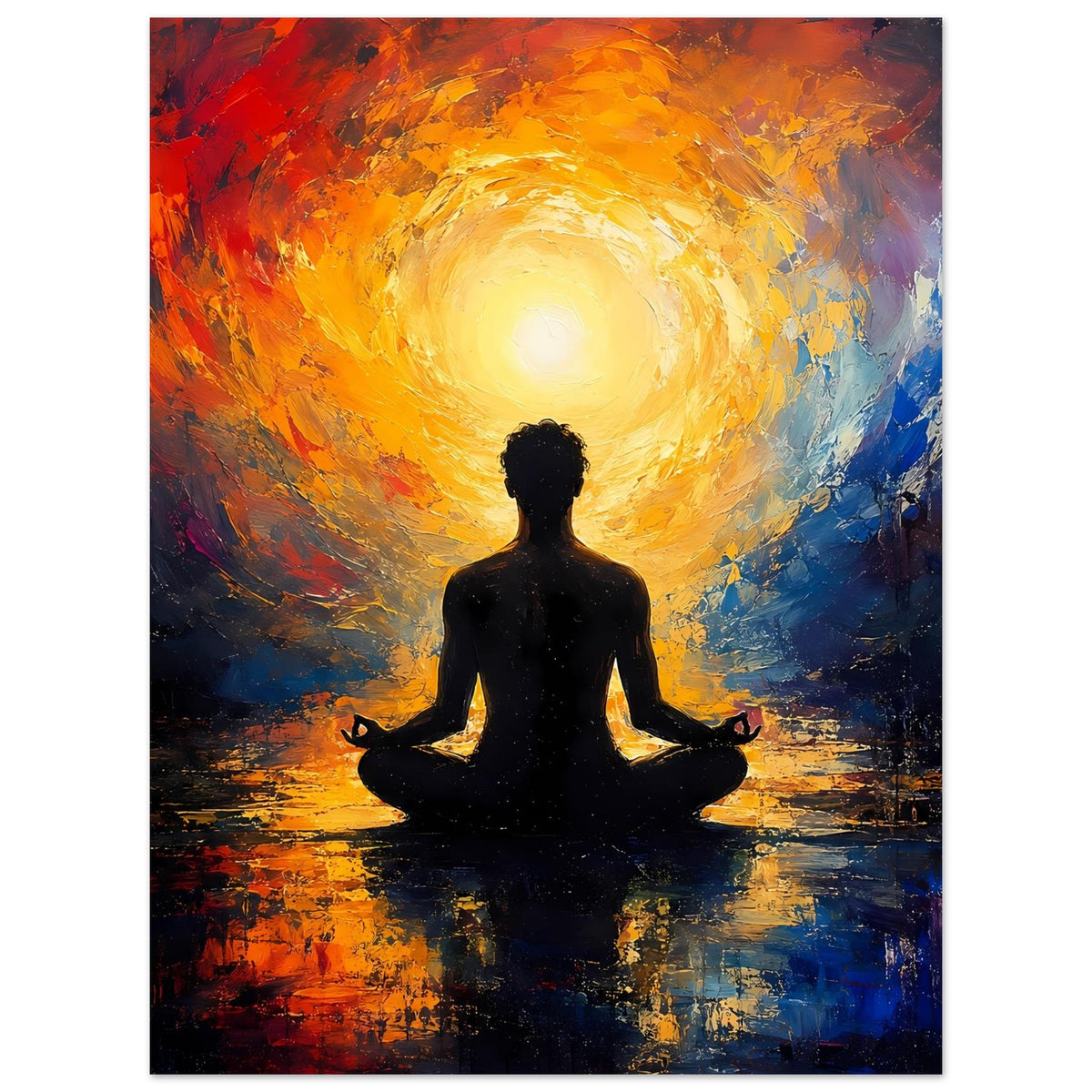 Zen-Poster: sitzende Meditationssilhouette mit heller Aura vor abstraktem Rot-Blau-Hintergrund
