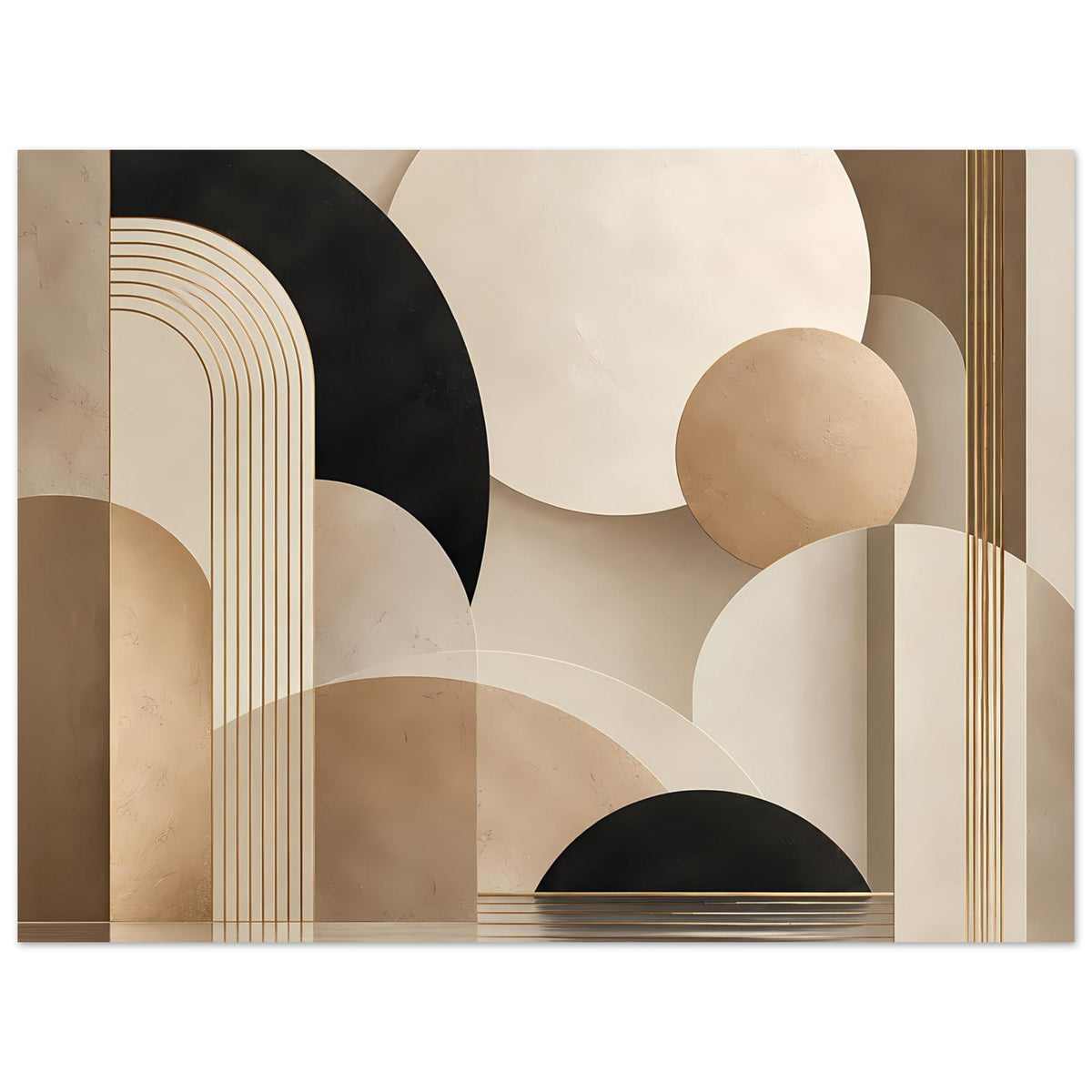 Abstraktes geometrisches Poster mit goldenen Rahmlinien, Kreisformen, beigen und schwarzen Flächen