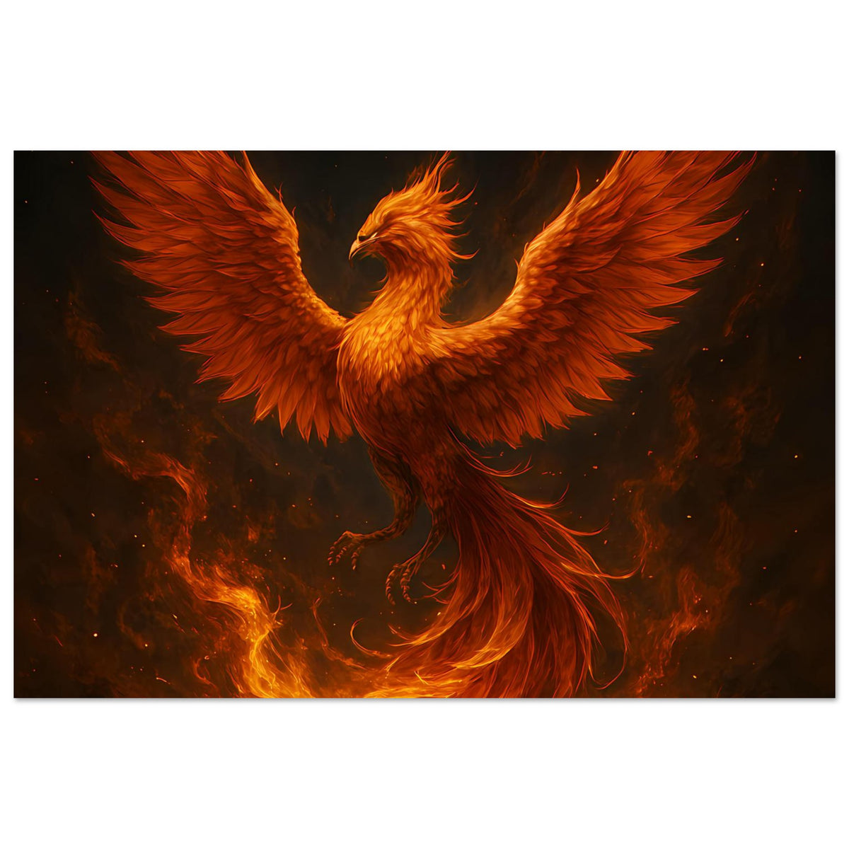 Breitformat-Poster mit Phönix, gelb-orangene Flügel und leuchtender Feuerwolke unten