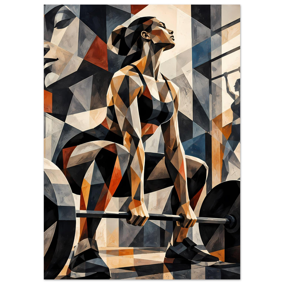 Fitness-Poster: geometrische Sportlerin mit Hantelstange, kontrastreiche Flächen in Schwarz, Beige, Orange