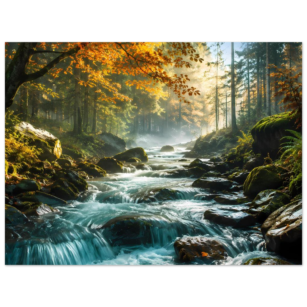 Vertikales Poster mit Wasserfall im Wald, türkisfarbenes Wasser und dichten Baumstämmen