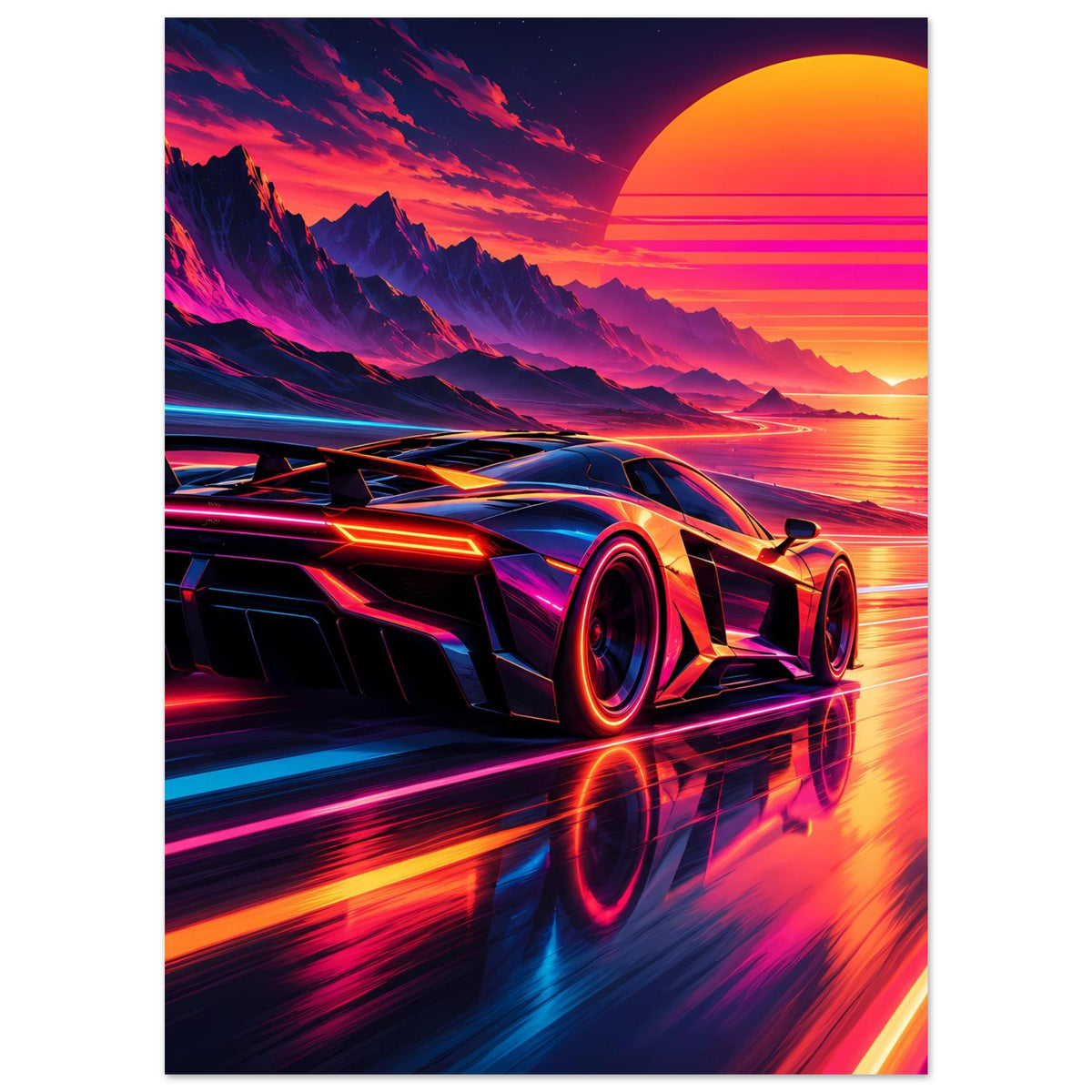 Hochkant-Poster mit futuristischem Sportwagen und Neon-Speed-Linien vor Berge & Meer