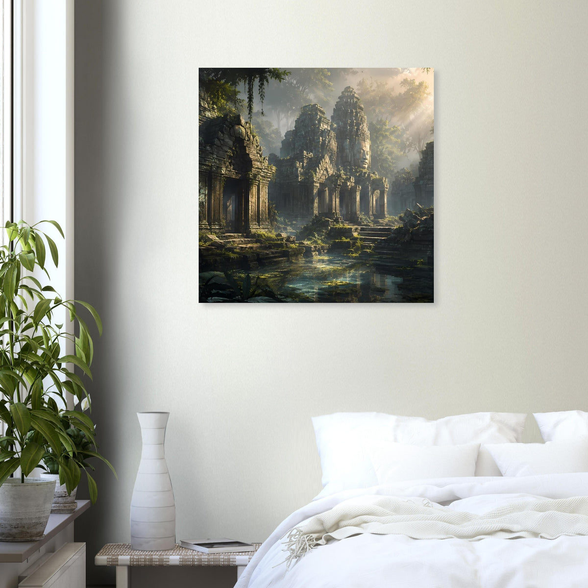 Quadratisches Poster mit Tempelruinen, verfallene Säulen und gelbliches Licht