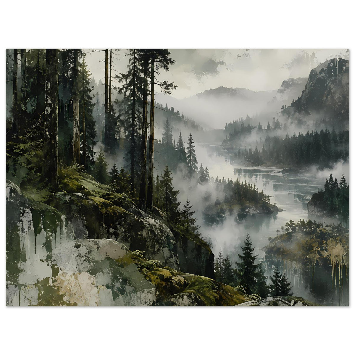 Querformat-Poster: Wald und Wasserlauf im Nebel, felsige Berge, matte Oberfläche