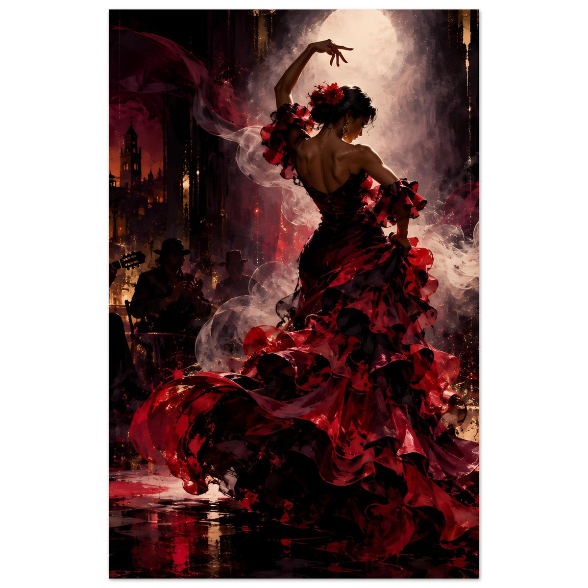 Poster mit Flamenco-Tänzerin im schwarzen Kleid mit roten Rüschen und Blumen im Haar