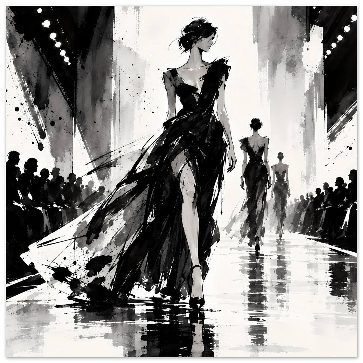 Mode-Illustrationsposter: Frau im schwarzen Kleid vor Bühne, mehrere Laufstegsilhouetten in Schwarzweiß
