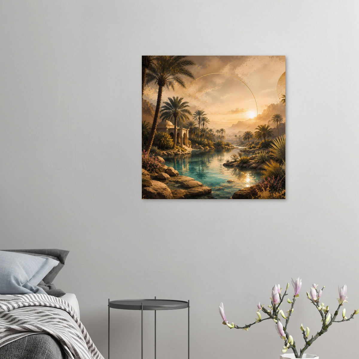 Kleines Wandposter: Palmen, türkisblauer See, orientalischer Pavillon und goldener Sonnenbogen