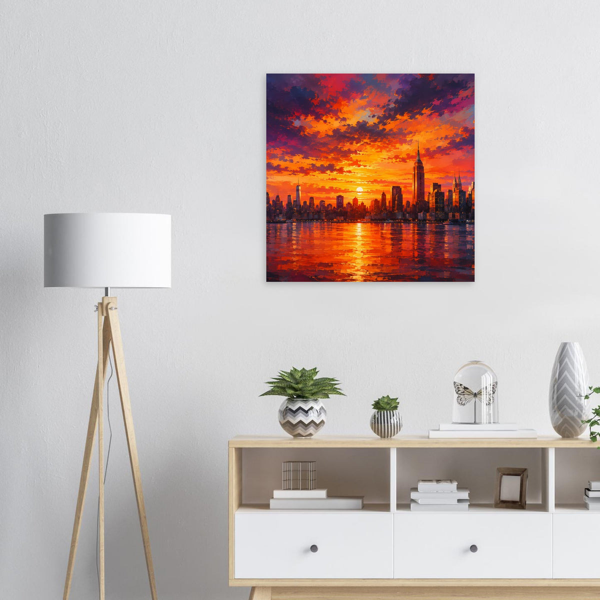 Quadratisches Stadtposter mit orangefarbenem Sonnenuntergang, Flussreflexen und Skyline, Rahmen