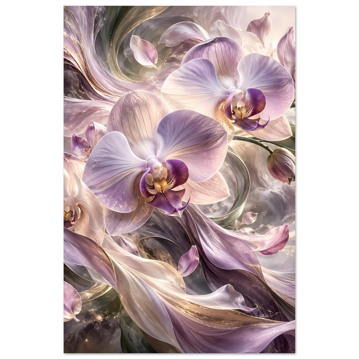Vertikales Blumenposter mit violetten Orchideenblüten und cremefarbenen Akzenten, zarte Details.