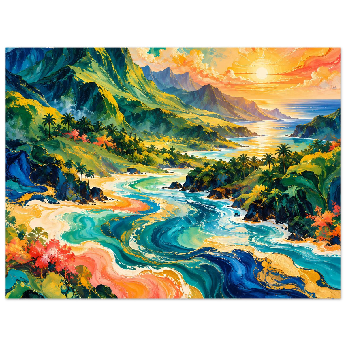 Tropisches Sonnenuntergangs-Poster, horizontal: tropische Landschaft mit Sonnenuntergang und Küste