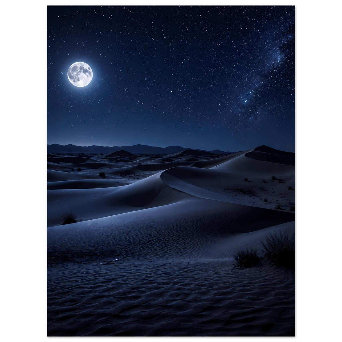 Poster mit nächtlicher Wüstenlandschaft: Mond am Himmel über Dünen und Sternen